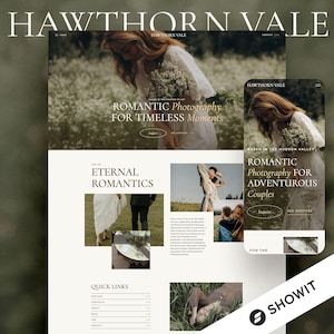 Könnte beinhalten: Webdesign für "HAWTHORN VALE" mit romantischem Fotografie-Thema. Das Design zeigt Bilder von Paaren und Text, der "ROMANTIC Photography FOR TIMELESS Moments" und "ROMANTIC Photography FOR ADVENTUROUS Couples" lautet.