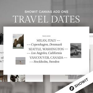 Puede incluir: Un diseño digital con el texto "SHOWIT CANVAS ADD ONS TRAVEL DATES". El diseño incluye una lista de destinos de viaje: Milán, Copenhague, Seattle, Los Ángeles, Vancouver y Estocolmo. El diseño es en blanco y negro.