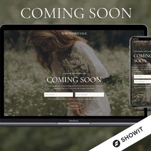 Könnte beinhalten: Ein Laptop und ein Smartphone zeigen eine Website mit dem Text "COMING SOON" in weißer, eleganter Schrift. Die Website zeigt eine Frau, die Blumen in einem Feld hält. Der Laptop ist mit "MacBook" beschriftet. Das Bild hat eine weiche, natürliche Ästhetik.