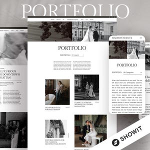 May include: A website portfolio design featuring wedding photography. The word "PORTFOLIO" is at the top. The design is displayed on a desktop, tablet, and mobile phone, showcasing images of couples and text.