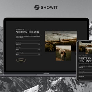 May include: A black laptop and a black smartphone with a website displayed on both screens. The website is for Western Hemlock, a business with a links directory, homepage, services, portfolio, about, travel dates, blog, and contact information. The website has a black background with gold text.