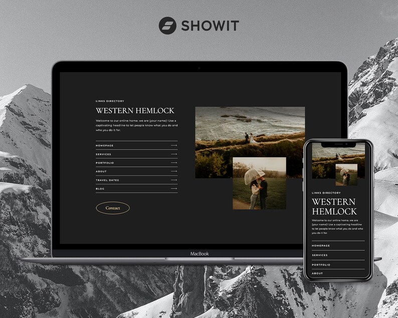 May include: A black laptop and a black smartphone with a website displayed on both screens. The website is for Western Hemlock, a business with a links directory, homepage, services, portfolio, about, travel dates, blog, and contact information. The website has a black background with gold text.