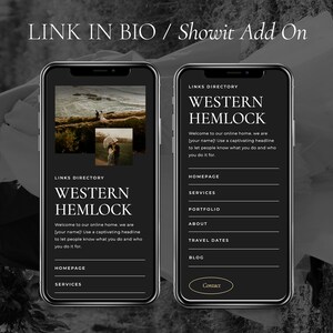 May include: A mockup of a mobile phone screen displaying a website with the text "Western Hemlock" and links to a homepage, services, portfolio, about, travel dates, blog, and contact page. The website is designed with a black background and white text.