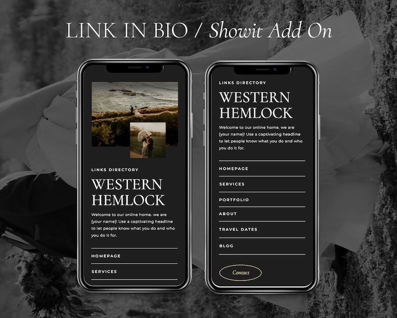 May include: A mockup of a mobile phone screen displaying a website with the text "Western Hemlock" and links to a homepage, services, portfolio, about, travel dates, blog, and contact page. The website is designed with a black background and white text.