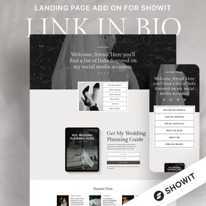 Könnte beinhalten: Ein Website-Landingpage-Add-on für Showit mit minimalistischem Design in Schwarz und Weiß. Die Seite enthält den Text "LINK IN BIO" und "Welcome, friend. Here you'll find a list of links featured on my social media accounts."