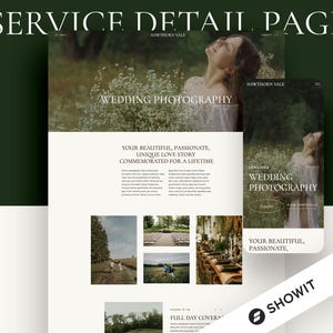 May include: A website design for wedding photography, featuring a woman in a white dress. The design includes the text "SERVICE DETAIL PAGE", "WEDDING PHOTOGRAPHY", and "YOUR BEAUTIFUL, PASSIONATE, UNIQUE LOVE STORY COMMEMORATED FOR A LIFETIME".
