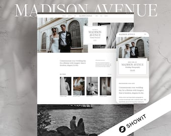 May include: A website design for Madison Avenue Wedding Photography, featuring a black and white color scheme. The design includes a desktop and mobile view, showcasing wedding photos and text. The website's name is displayed at the top.