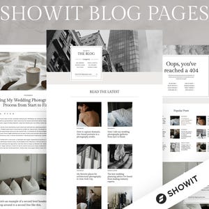 May include: A digital display of Showit blog pages. The pages feature articles with titles like "Unveiling My Wedding Photography Process" and "My Favorite Places for Architectural Photography." The Showit logo is visible in the bottom right corner.