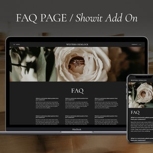 May include: A laptop and a mobile phone display a website with the text "FAQ" and the title "Western Hemlock". The website features a black background with white text and a floral image of a white rose with a ring in the center.