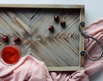Large wooden tray with forged iron handles, Wooden breakfast tray, Coffee serving tray, Farmhouse serving tray
