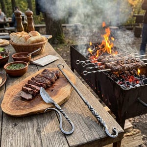 Könnte beinhalten: Ein handgeschmiedetes Metallmesser mit gedrehtem Griff und ein langer, passender Metallspieß mit dekorativem Spiralgriff, beide auf einem Holzschneidebrett neben aufgeschnittenem Fleisch, mit einem Holzkohlegrill im Hintergrund.