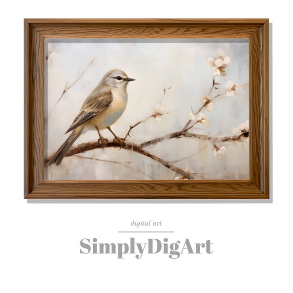 Spring Blossom Watcher VINTAGE digital ART | Cotton Boll Sparrow PRINTABLE Print | SimplyDigArt | sda-20