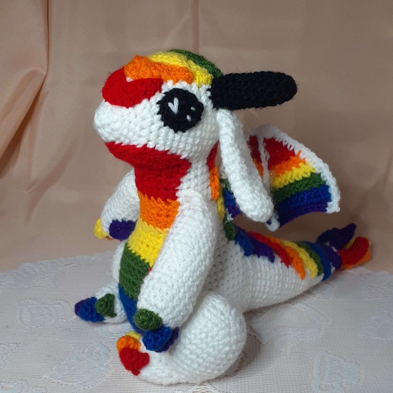 Crochet Pride Dragon Plushie: White Rainbow Stuffed Animal