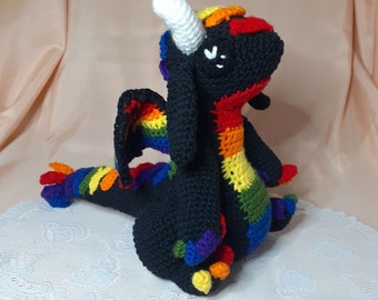 Crochet Pride Dragon Plushie: Black Rainbow LGBTQ+ Decor