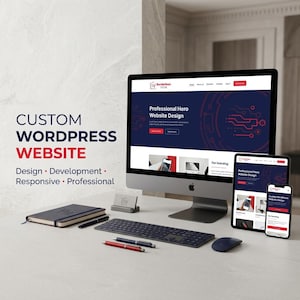 May include: A desktop computer, tablet, and smartphone displaying a website titled Borderless Tech with the text Custom WordPress Website Design Development Responsive Professional. A notebook, two pens, and a mouse are on the desk.