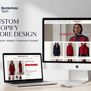 Puede incluir: Un ordenador de sobremesa y un portátil que muestran un sitio web de Shopify de Borderless Tech. Las pantallas presentan una colección de ropa de otoño con varias prendas, incluyendo un vestido rojo, una americana azul y una bufanda roja.