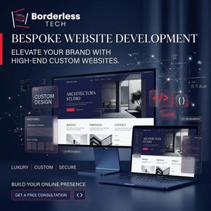 Op de afbeelding: Een computermonitor en laptop die een website voor een architectuurstudio weergeven, omringd door zwevende digitale interface-elementen, codefragmenten en de tekst Borderless Tech, Bespoke Website Development.