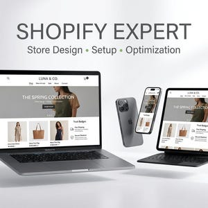 Puede incluir: Un portátil plateado, un smartphone y una tablet muestran un sitio web titulado LUNA & CO. El texto SHOPIFY EXPERT Store Design • Setup • Optimization aparece sobre los dispositivos. El sitio web muestra un banner de colección de primavera.