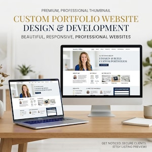 May include: A laptop and a desktop computer monitor displaying a custom portfolio website design. The screen shows the text Sarah J. Miller, I design & build custom portfolios, and sections for about me, skills, projects, services, and client testimonials.