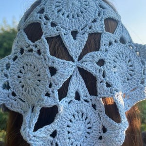 handmade cotton knit bandana – coastal boho head scarf – beachy bandana for summer – crochet headscarf - light blue – devil eye bead