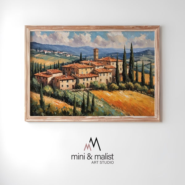 Tuscan landscape, Countryside scenery, Italian countryside, Tuscan hills, Digital print, Scenic view, Vintage landscape, Digital painting