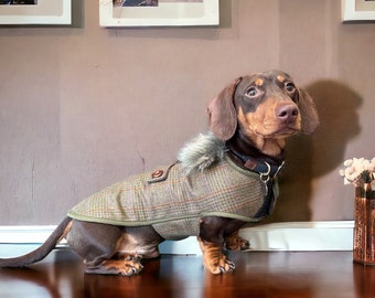 Wool check dachshund coat with removable faux fur collar | dachshund custom coat | dachshund coat | Sausage dog coat | warm dachshund coat