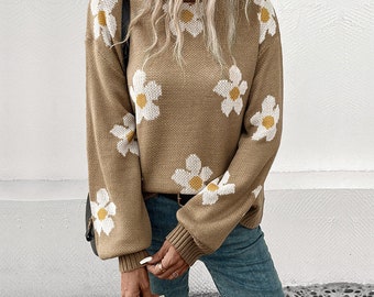Langärmliger Damen-Pullover aus Jacquard mit Blumenmuster