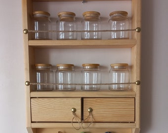 Wooden Spice Rack, wall spice rack, wooden shelf, essential oil rack, kitchen organization, jar rack, pine