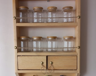 Wooden Spice Rack, wall spice rack, wooden shelf, essential oil rack, kitchen organization, jar rack, pine