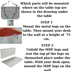 Pu&ograve; includere: Diagramma che mostra come assemblare una scrivania con gambe in metallo e gambe in MDF. Le gambe in metallo sono montate sul piano della scrivania e le gambe in MDF sono montate sul muro. Passo 1: Montare le gambe in metallo sulla scrivania. Quindi, montare la scrivania sul muro ad un'altezza di 75 cm. Passo 2: Srotolare le gambe in MDF e appoggiare la parte superiore delle gambe sul punto segnato sotto la scrivania. Con la scrivania aperta, montare le gambe in MDF sul muro.