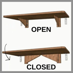 Pu&ograve; includere: Uno scaffale pieghevole in legno con due staffe. Lo scaffale &egrave; mostrato sia in posizione aperta che chiusa. Il testo "APERTO" e "CHIUSO" &egrave; mostrato sotto lo scaffale.