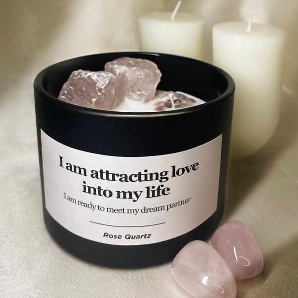 Manifest Love Affirmation Candle | Crystal Candle | Crystal Healing | Rose Quartz | Law of Attraction Candle | Spiritual Candle