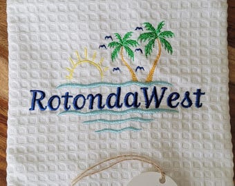 Customized Tropical dishtowel choose from palm trees or flamingos!