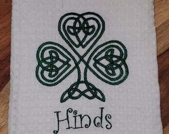 Celtic Shamrock dishtowel customized with last name. Celebrate St Patrick's Day with this custom dishtowel.