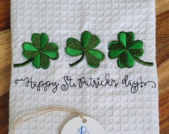 Happy St Patrick's Day with Shamrocks & Clovers Dishtowel