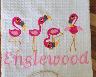 Large Flamingo Flock dishtowel, **CUSTOMIZABLE** Add your neighborhood, town, last name, etc...