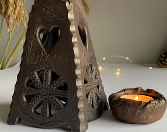 Handmade Ceramic Yule Candle Holder: Scandinavian Shadow Lantern