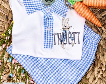 Geborduurde paasoutfit voor jongens | Pieter Konijn | Gepersonaliseerde paasoutfit | Pasen