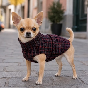 Op de afbeelding: Een kleine beige Chihuahua-hond staat rechtop en draagt een donker marineblauw en rood vest met een ruitpatroon en een hoge kraag. Het kledingstuk heeft een gestructureerd stofontwerp en bedekt de romp van de hond, terwijl de poten en staart zichtbaar blijven.