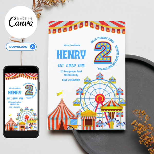 EDITABLE Circus Blue Terrible Twos Kids Birthday Party Invitation, Canva Invitation Template, Mobile Invitation Template Link