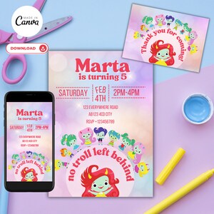 Invitation de fête de poupées trolls imprimable et modifiable avec lien d'invitation mobile, carte d'invitation lien de carte de remerciement inclus gratuitement