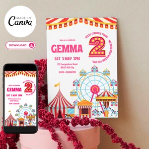 EDITABLE Circus Terrible Twos Kids Birthday Party Invitation, Invitation Template, Mobile Invitation Template Link Carnival, Circus Theme