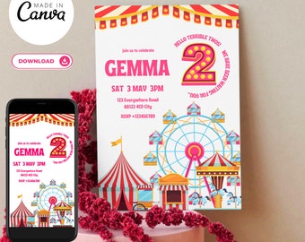 Editable Circus Terrible Twos Birthday Invitation Template (Mobile)