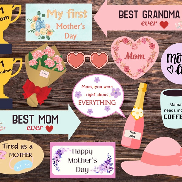 Mother's Day Photo Booth Props INSTANT DOWNLOAD Printable Props Set of 15 Cute, Fun Mother's Day Party Mother's Day Brunch Props