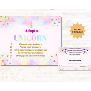 Adopt a Unicorn Sign Unicorn Adoption Certificate Printable INSTANT ...