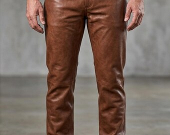 Herren Braun Rindsleder Echtleder Slim Fit Hose | Vintage Motorrad Biker Freizeithose Hose