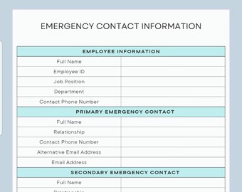 Può includere: Un modulo stampabile per registrare le informazioni di contatto di emergenza. Il modulo include sezioni per le informazioni sui dipendenti, il contatto di emergenza principale, il contatto di emergenza secondario e il consenso dei dipendenti. Il modulo ha uno schema di colori blu e bianco.