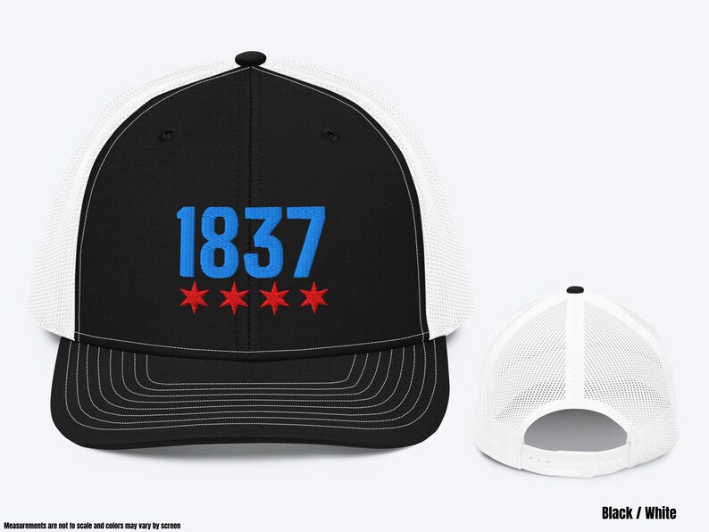 May include: A black and white trucker hat with a blue and red embroidered design. The design features the number "1837" and three red stars.
