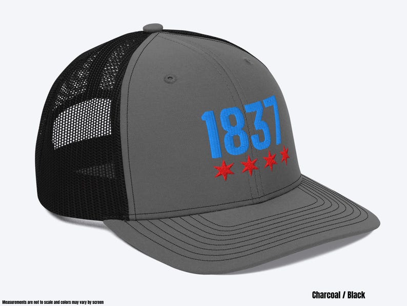 May include: A charcoal gray and black trucker hat with a blue embroidered "1837" and five red stars.