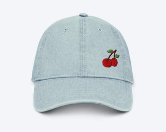 Embroidered Cherries Denim Unstructured Hat | Women’s Hat | Trendy Hat